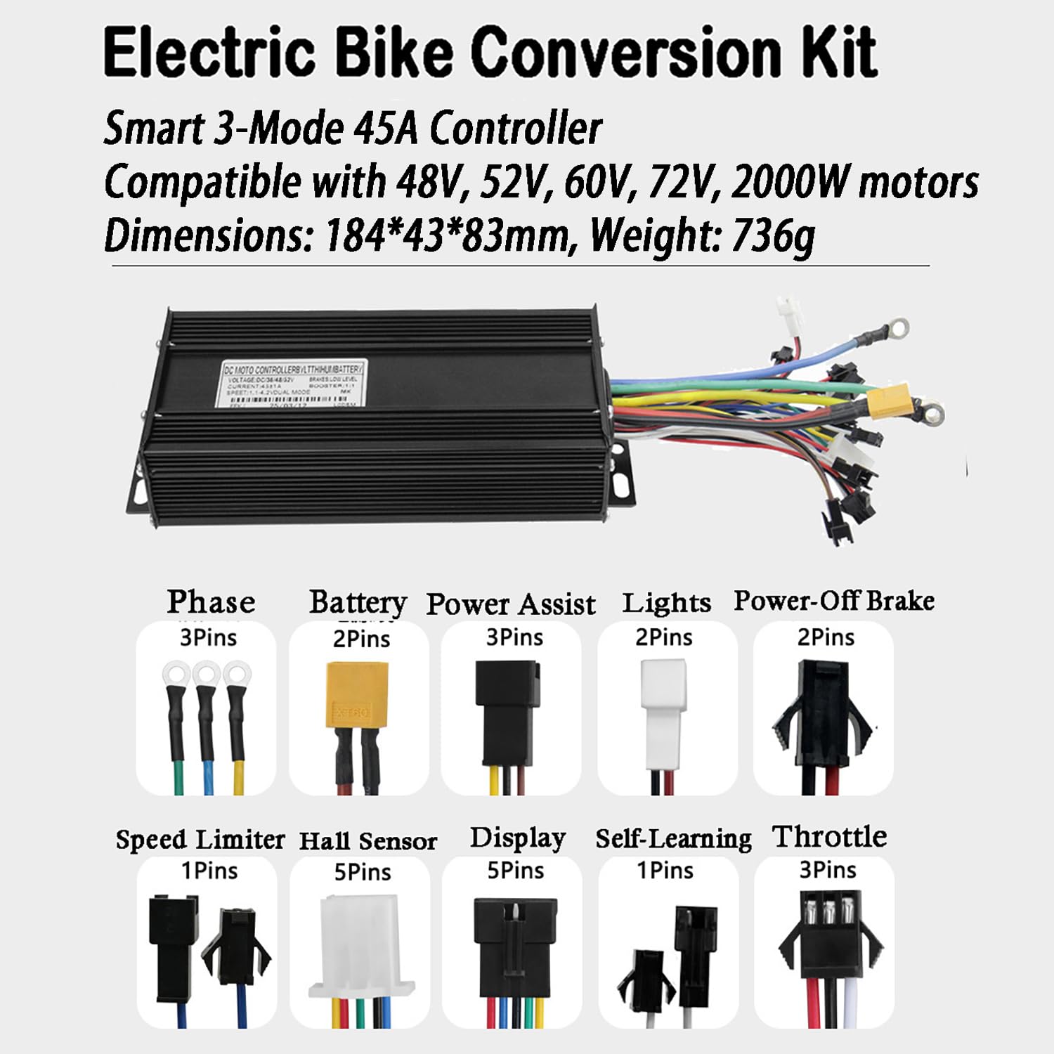 52V 2000W Electric Bike Hub Motor Conversion Kit for 20"-29" E-Bike Rear Wheel Electric Bicycle Conversion Kit W/LCD UKC1 Display,45A 3-Mode Controller Speed 70Km/H,52V 2000W,24in