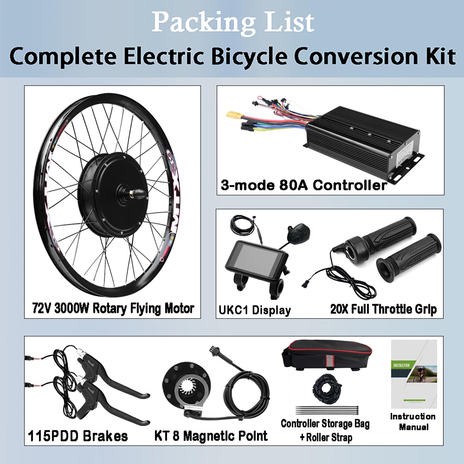 72V 3000W Electric Bike Conversion Kit 135Mm Dropouts E-Bike Kit 55-70Km/H Speed 3000W Ebike Conversion Kit W/3-Mode 80A Controller, LCD UKC1 Display, Twist Throttle, PAS