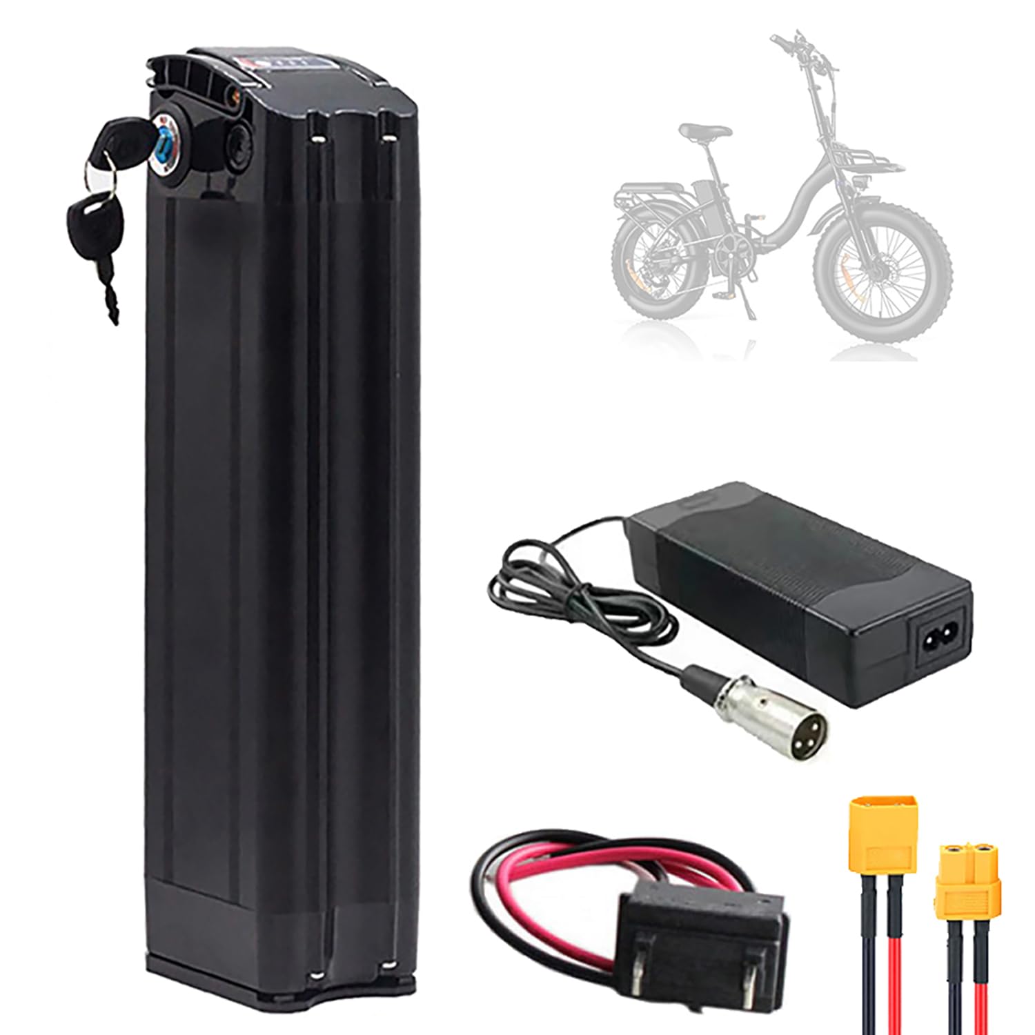 36V 48V Electric Bicycle Silverfish Battery 10Ah - 20Ah Lithium Ebike Battery with Lock, Charger, BMS, 2-Pin Port for DIY/Folding Bike/Road Bike 0-1500W Motor Kit,36V,15AH