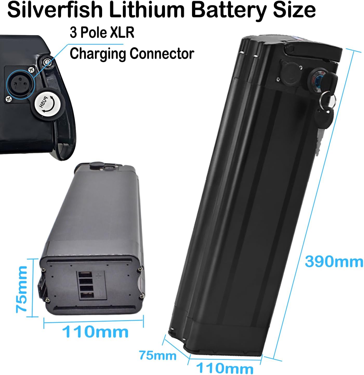 36V 48V Electric Bicycle Silverfish Battery 10Ah - 20Ah Lithium Ebike Battery with Lock, Charger, BMS, 2-Pin Port for DIY/Folding Bike/Road Bike 0-1500W Motor Kit,36V,15AH