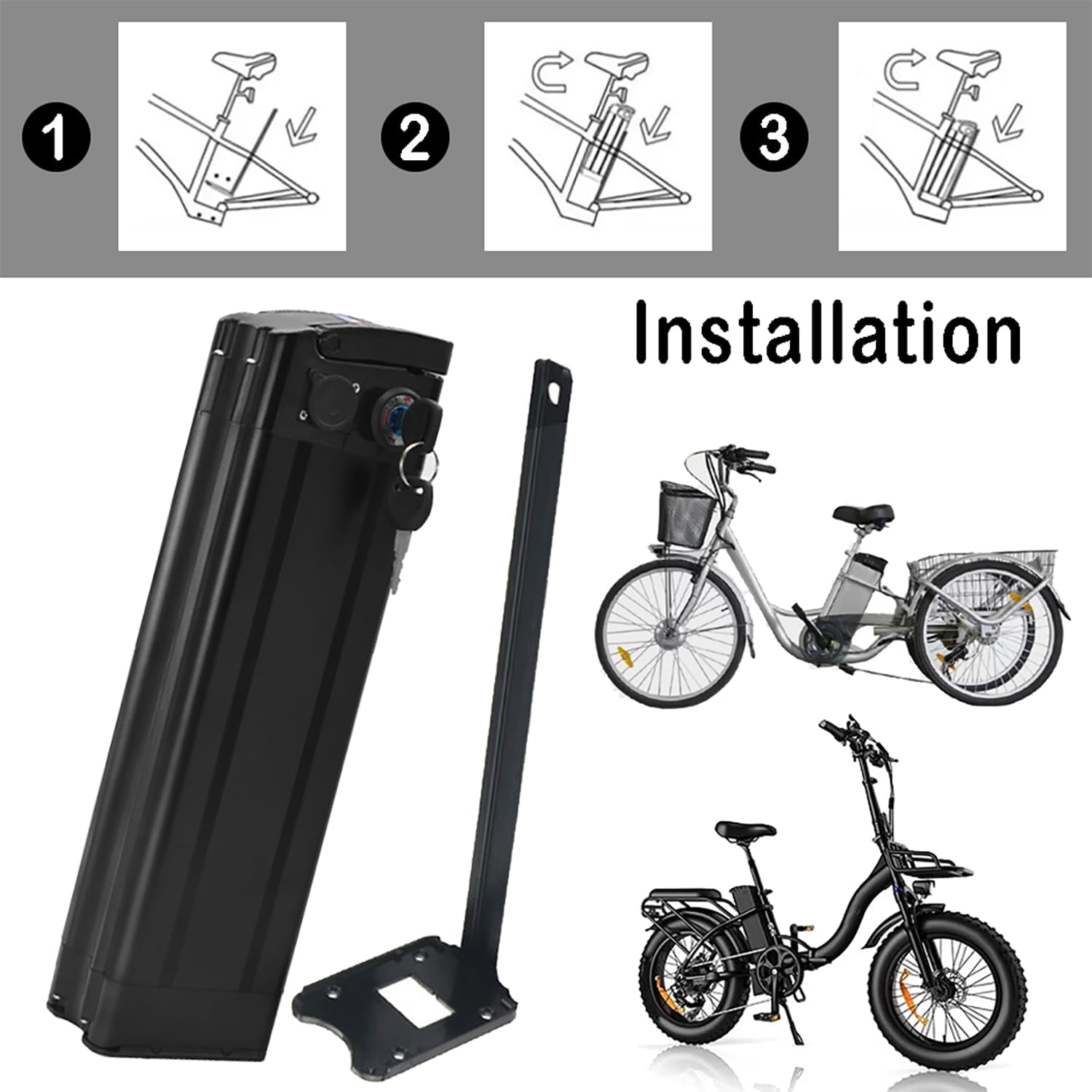 36V 48V Electric Bicycle Silverfish Battery 10Ah - 20Ah Lithium Ebike Battery with Lock, Charger, BMS, 2-Pin Port for DIY/Folding Bike/Road Bike 0-1500W Motor Kit,36V,15AH