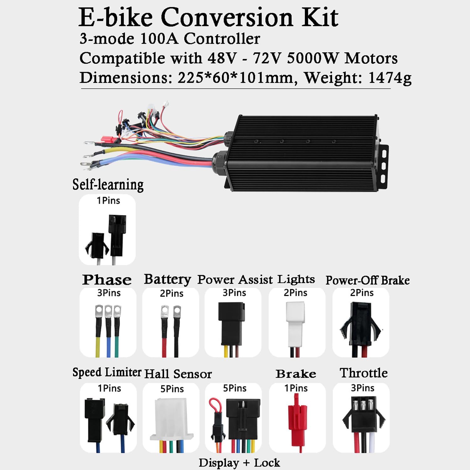 Ebike 72V 5000W Rear Wheel Motor Kit W/100A 3-Mode Intelligent Controller DIY Electric Mountain Bike Conversion Kit Speed 100Km/H,with PAS,Twist Throttle,UKC1 Color Display